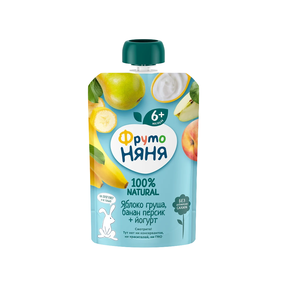 Apple, pear, banana, peach and yogurt puree in a soft package