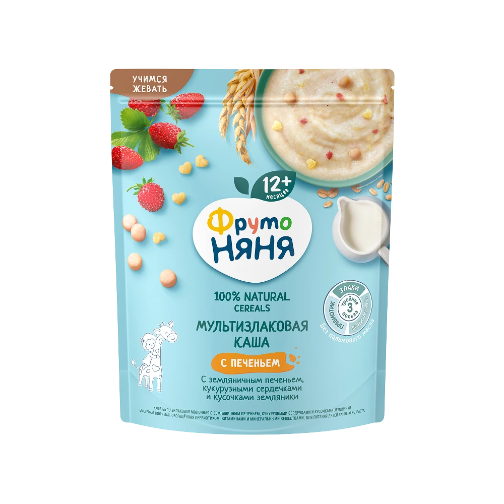 Dry milk multigrain porridge with strawberry cookies, corn hearts and wild strawberry pieces