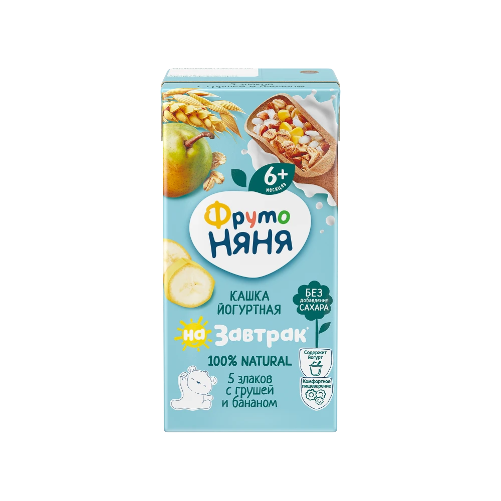 Lliquid yogurt cereal porridge with pears and bananas